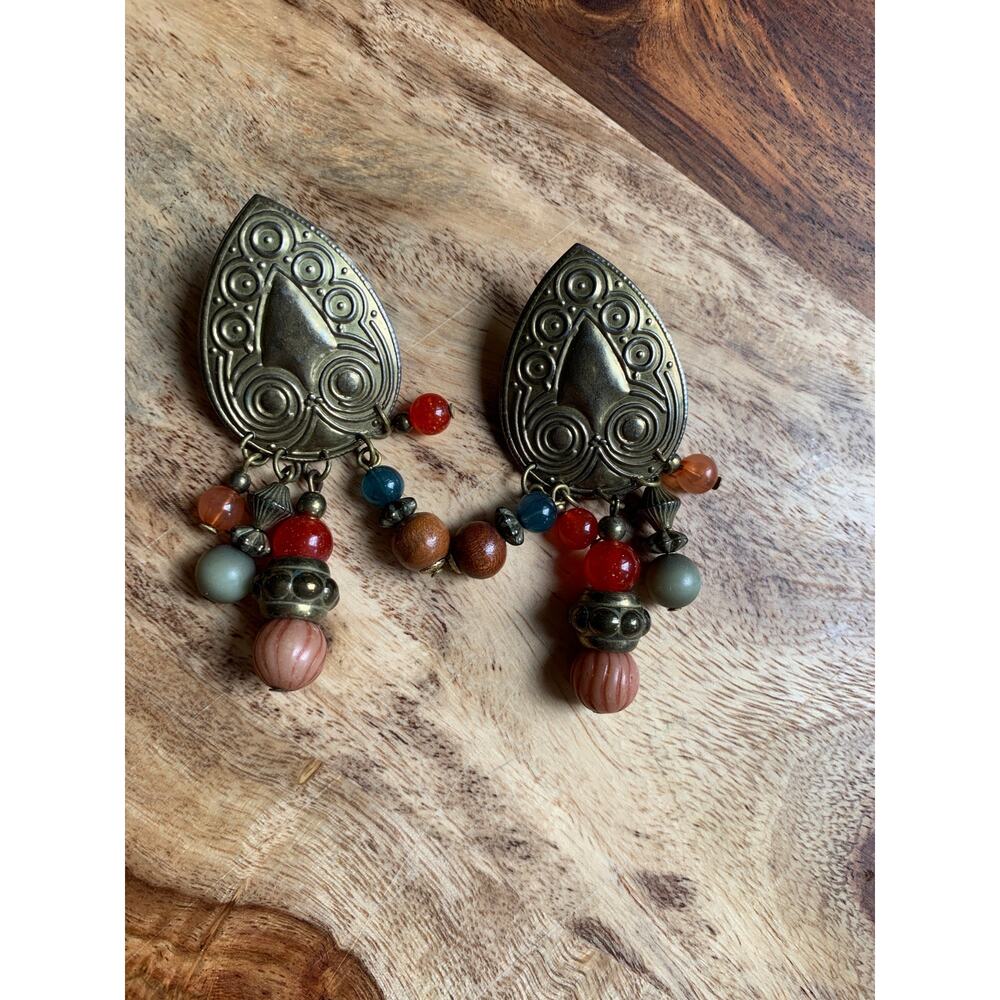 Boho Bronze Embossed Beaded Earrings 2.75" Earthtones